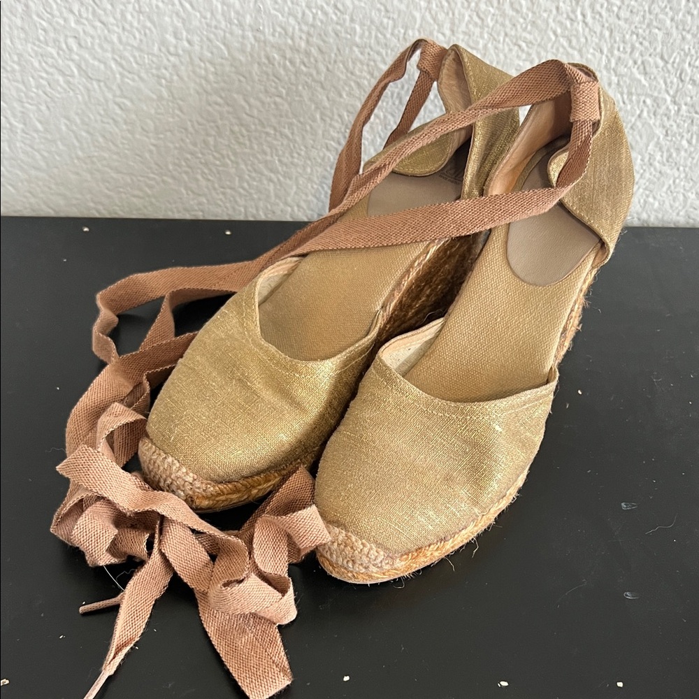 Chic Gold Espadrille Wedges with Brown Ties